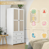 YHAOWORKS Armoire Wardrobe Closet with Drawers - Rattan Clothing Storage Cabinets with 2 Woven Doors, 71" Wood Wardrobe Cabinet with Hanging Rod for Bedroom (White) YHAOWORKS