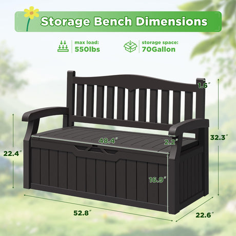 Greesum 70 Gallon Outdoor Storage Deck Box with Armrest Bench Lockable, Waterproof and UV Resistant, Suitable for Garden, Pool, Patio, Brown Greesum