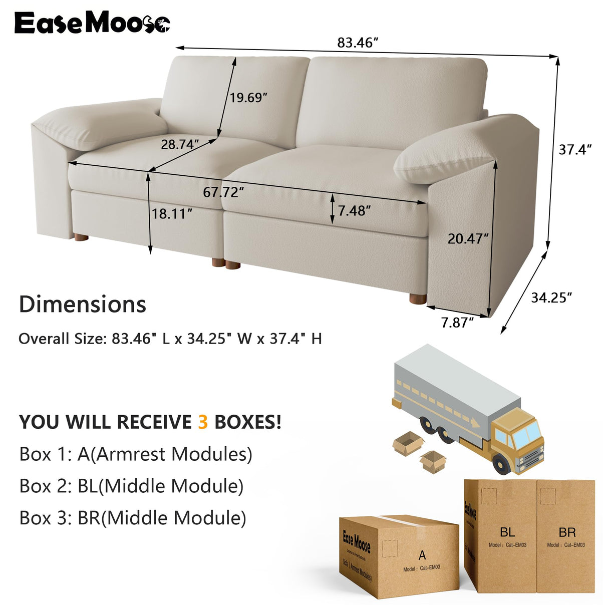 EASE MOOSE Loveseat Sofa for Living Room,Oversized Deep Seat Modular Sectional,Modern Comfy 2 Seater Sofas,Scratch Resistant Faux Leather Couch for Small Spaces, Beige EASE MOOSE