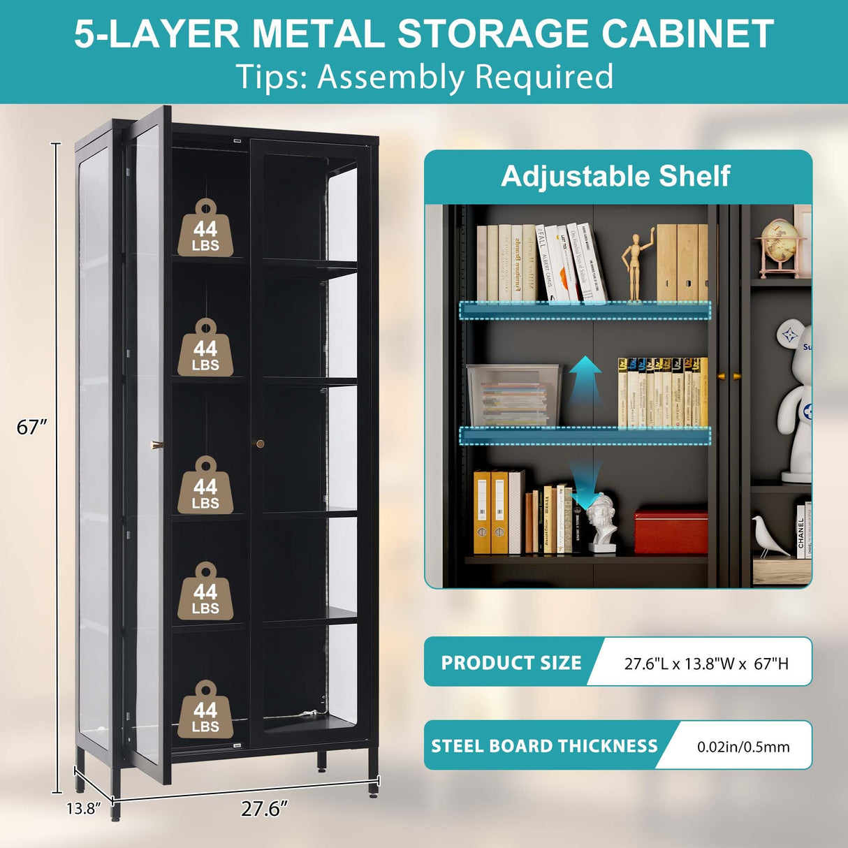 Desirable Life Display Cabinet with Glass Doors, Metal Storage Cabinet with 4 Adjustable Shelves, 5 Tier Curio Cabinet with LED Lights, 67” Tall Display Case for Collectibles, Black Desirable Life