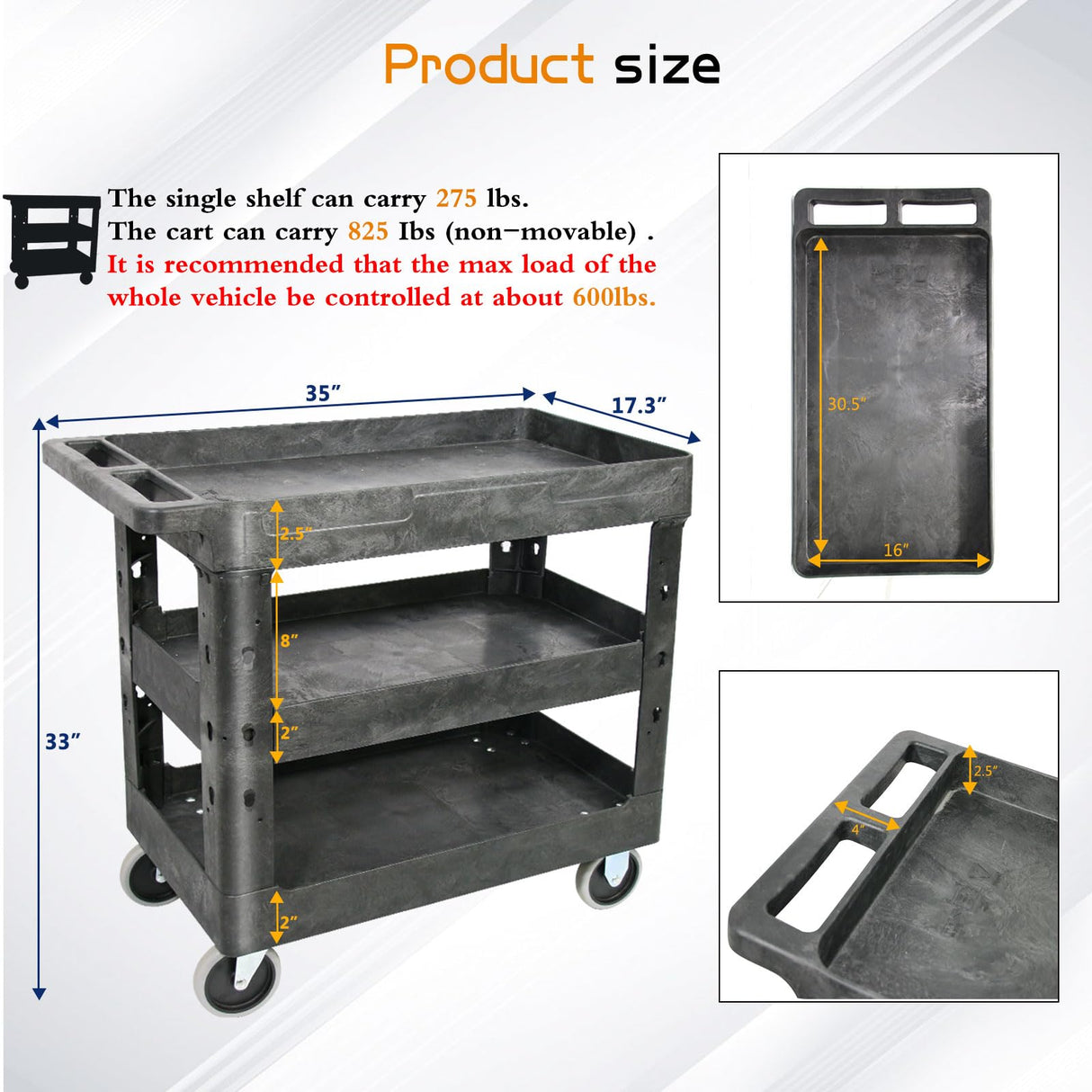 AQNIEGEP 3 Shelf Utility Cart Heavy Duty Rolling Cart with Brake Wheels Storage Service Cart w/Deep Shelves for Warehouse Workshop Cleaning Office Restaurant Commercial Moving 600lbs Capacity Black AQNIEGEP