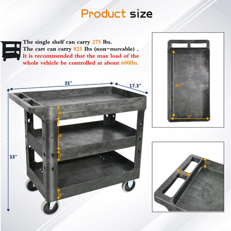 AQNIEGEP 3 Shelf Utility Cart Heavy Duty Rolling Cart with Brake Wheels Storage Service Cart w/Deep Shelves for Warehouse Workshop Cleaning Office Restaurant Commercial Moving 600lbs Capacity Black AQNIEGEP