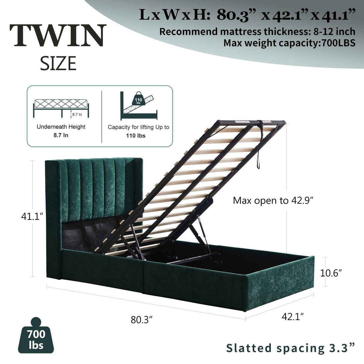 YUHUASHI Queen Size Hydraulic Storage Bed, Upholstered Platform Bed Frame, Modern Wingback Design Headboard, Velvet Fabric with Hydraulic Support Bars, No Box Spring Required (Ink Green, Twin) YUHUASHI