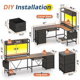 VIGKOOK L Shaped Gaming Desk, Reversible Corner Computer Desk with Power Outlet & Led Strip Home Office Desks Drawer File Cabinet Keyboard Tray (Dark Grey, 67in) VIGKOOK