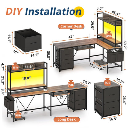 VIGKOOK L Shaped Gaming Desk, Reversible Corner Computer Desk with Power Outlet & Led Strip Home Office Desks Drawer File Cabinet Keyboard Tray (Dark Grey, 67in) - WoodArtSupply