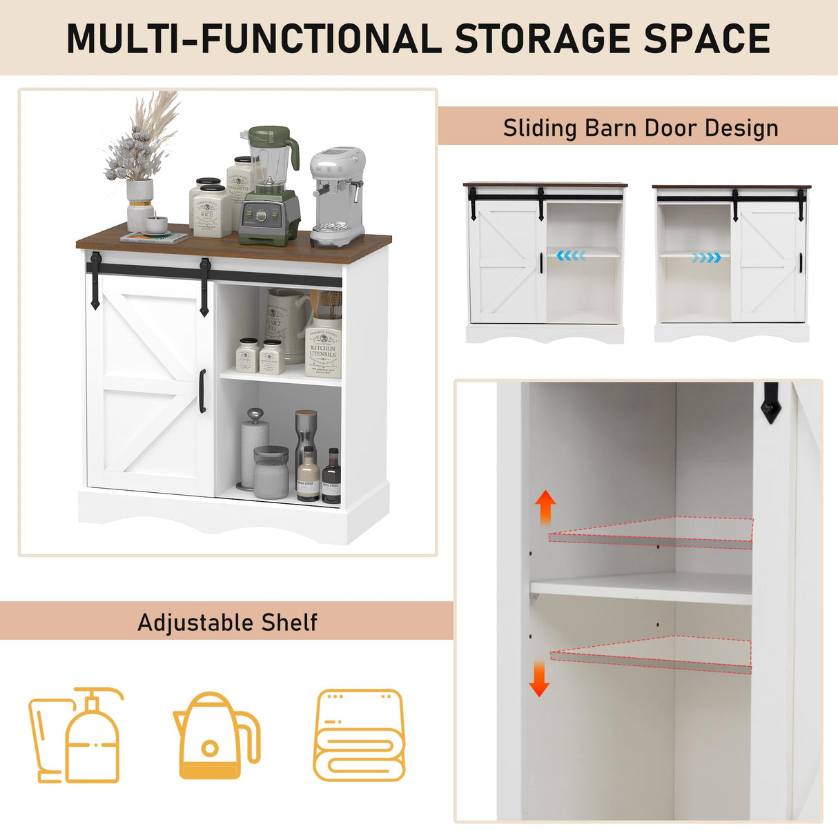 Hlivelood Farmhouse Coffee Bar Cabinet, White Buffet Storage Cabinet with Sliding Barn Door, 31.5” Kitchen Sideboard Accent Cabinet Adjustable Shelf, Dining Room Living Room Entryway, White & Brown Hlivelood