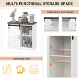 Hlivelood Farmhouse Coffee Bar Cabinet, White Buffet Storage Cabinet with Sliding Barn Door, 31.5” Kitchen Sideboard Accent Cabinet Adjustable Shelf, Dining Room Living Room Entryway, White & Brown Hlivelood