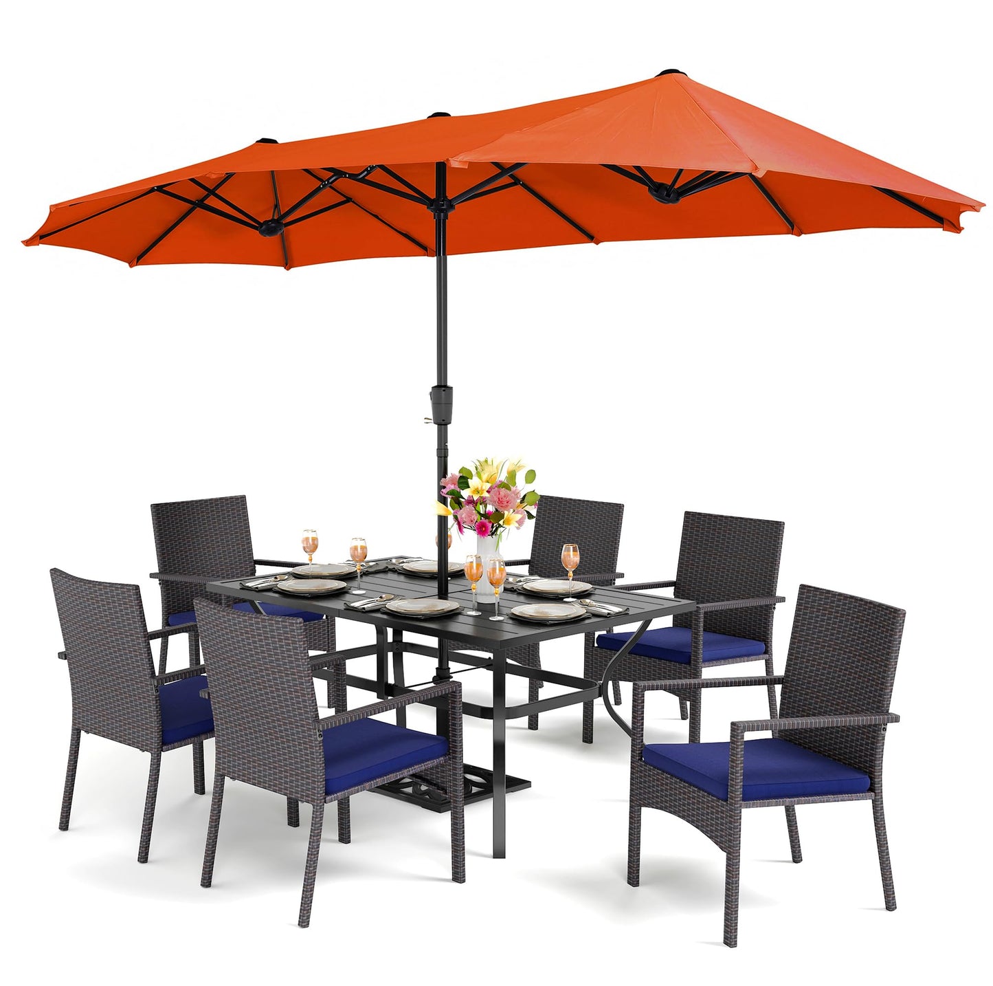 PHI VILLA 7 Piece Patio Dining Set with Umbrella, 60” Rectangular Metal Dining Table & 6 Cushioned Rattan Wicker Chairs & 13ft Large Red Umbrella for Outdoor, Deck, Yard, Porch - WoodArtSupply