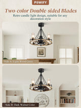 POWIFY 20 Inch Wagon Wheel Chandelier with Fan, Farmhouse Chandelier Fan with Remote, Quiet Reversible Motor, Dual Finish Blades, Black Rustic Ceiling Fan for Bedroom Dining Room Living Room Kitchen POWIFY