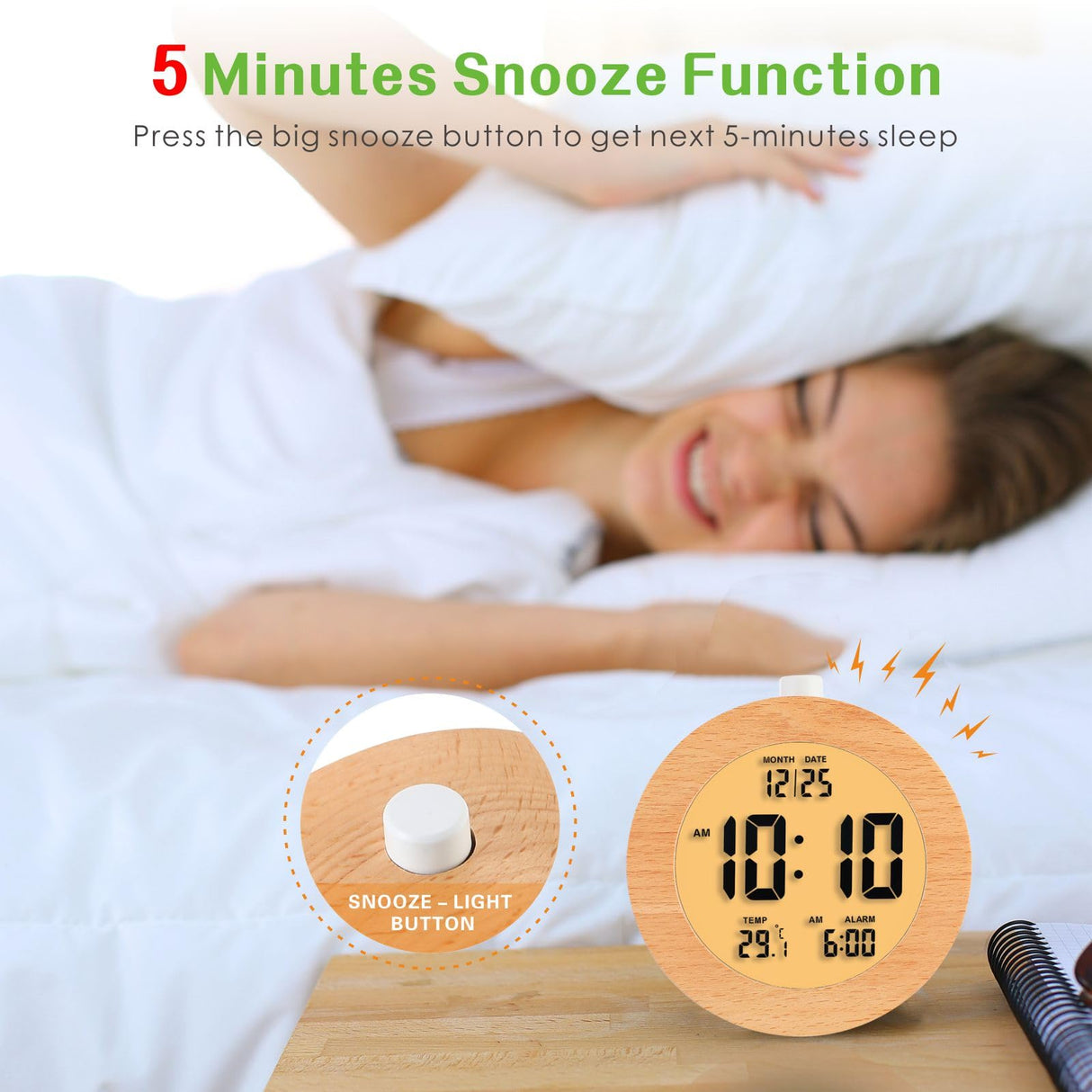 Plumeet Wooden Digital Alarm Clock for Bedrooms, Wood 4'' Battery Powered Alarm Clock with Snooze and Nightlight, Electronic LCD Desk Clock Display Time, Date, Temp, 12/24H, Wood Décor, Round, Brown Plumeet