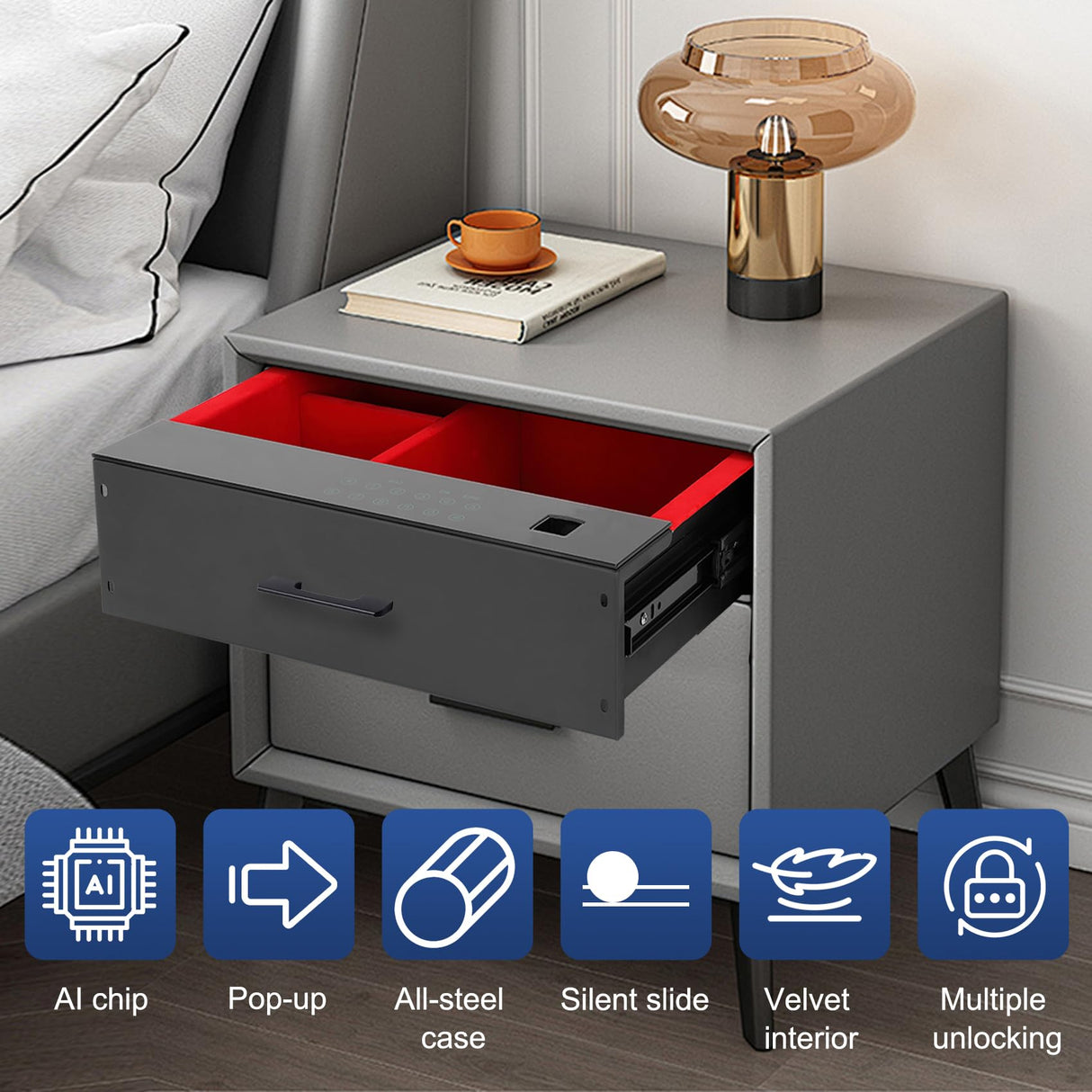 Biometric Hidden Gun Safe, Drawer Safe with Silent Slide, Reinforced Steel Construction, Ideal for Nightstand, Closet Drawer, TV Cabinet Gopper