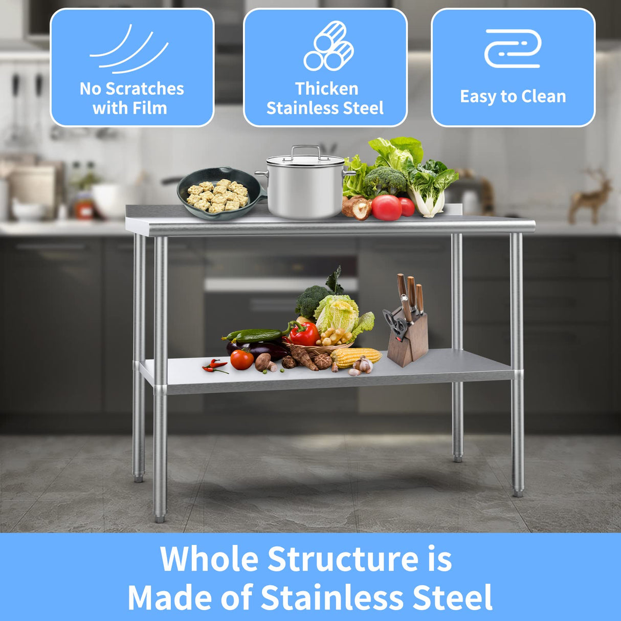 ROVSUN 36'' x 24'' Stainless Steel Table for Prep & Work,Commercial Worktables & Workstations,Heavy Dut Metal Table with Adjustable UnderShelf & Backsplash for Kitchen, Restaurant,Home,Hotel ROVSUN