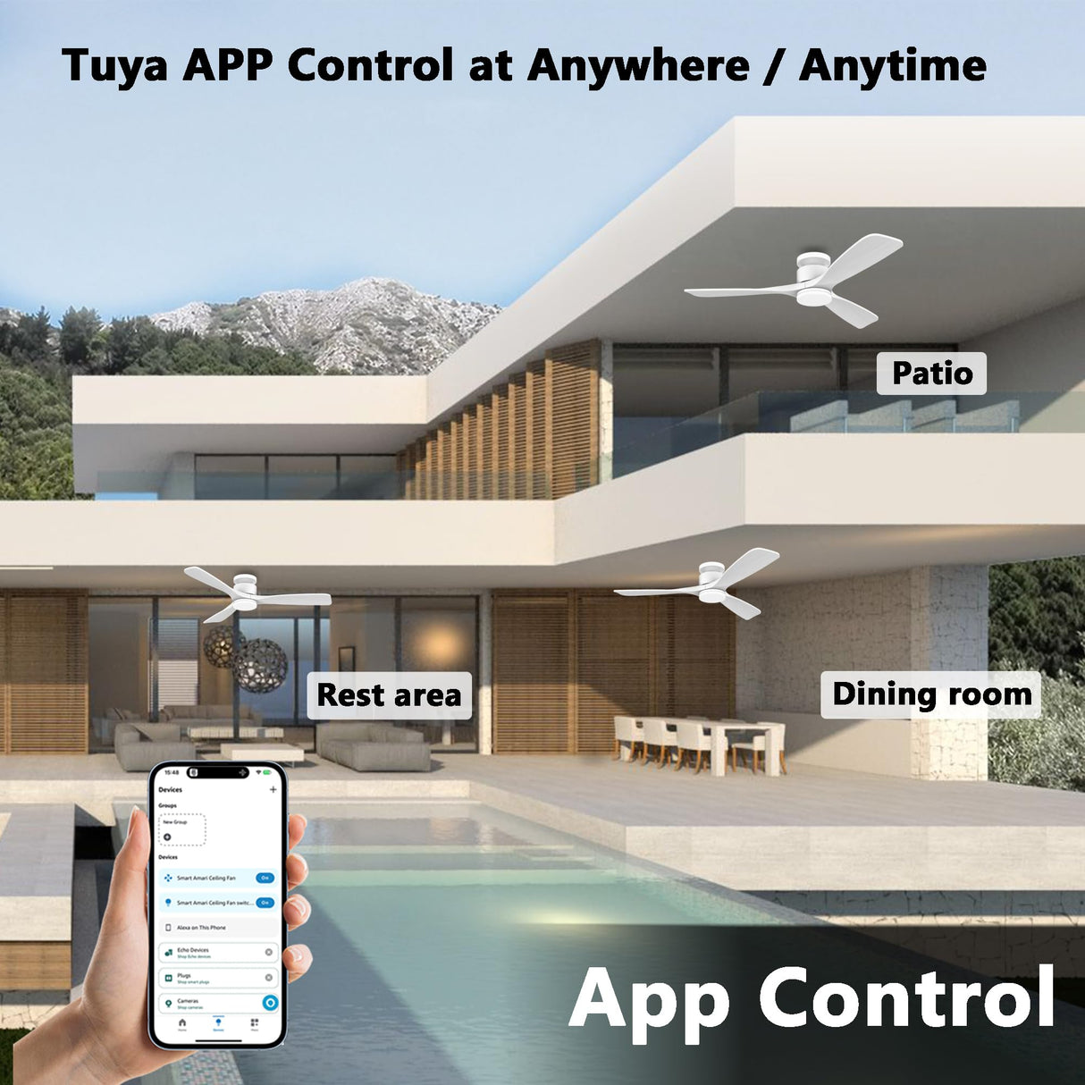 52 Inch Smart Low Profile Ceiling Fans,Solid Wood Outdoor Indoor Ceiling Fan with Lights Remote,WIFI Alexa App Control,Quiet DC Motor,Dimmable LED,Modern Flush Mount Fan for Bedroom Patio,White Lorpies