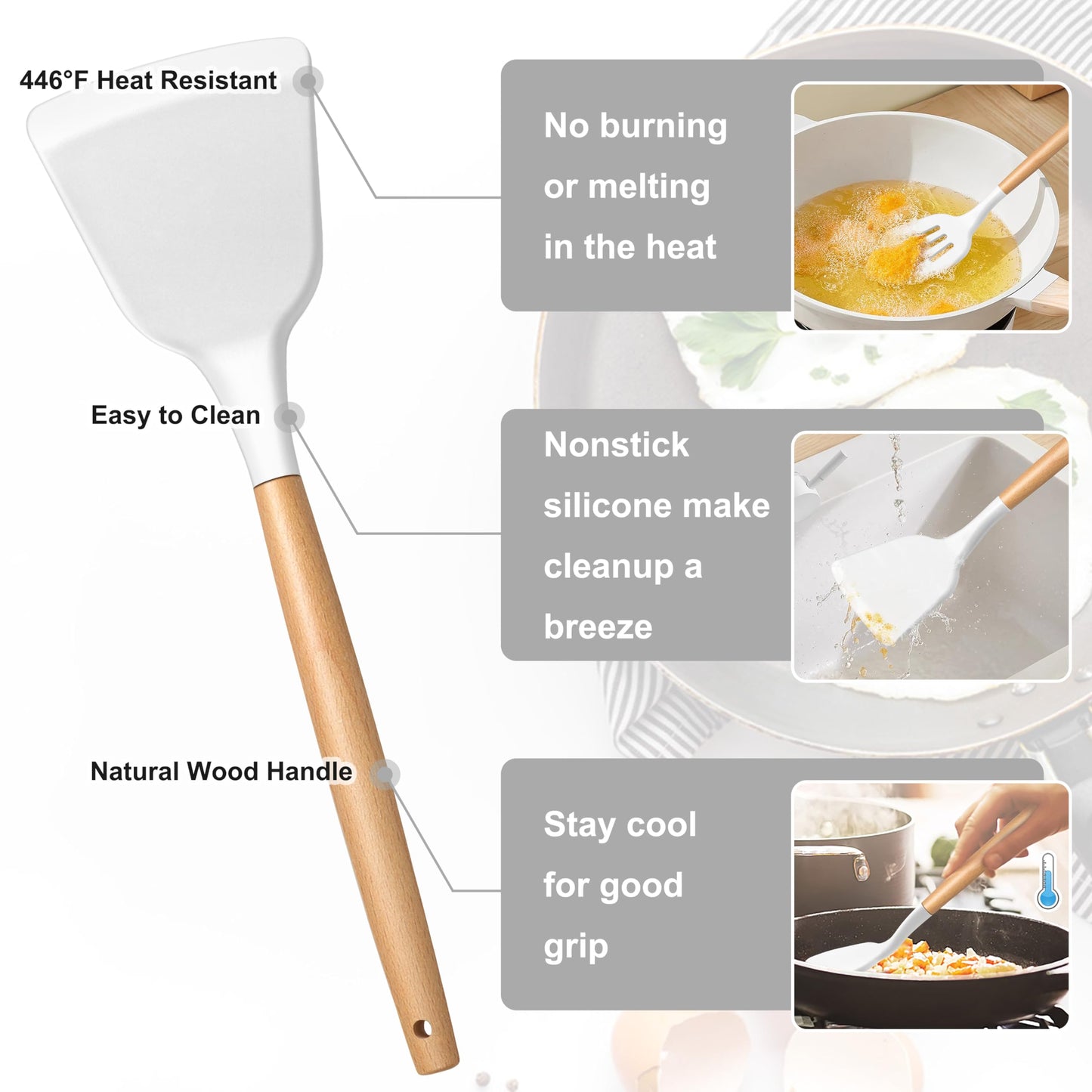 E-far Silicone Cooking Utensils Set, 446℉ Heat Resistant 10PCS Kitchen Utensils Set with Wooden Handle for Nonstick Cookware, Kitchen Tools Spatula Whisk Tongs Ladle, Non-toxic & Healthy, Whi - WoodArtSupply