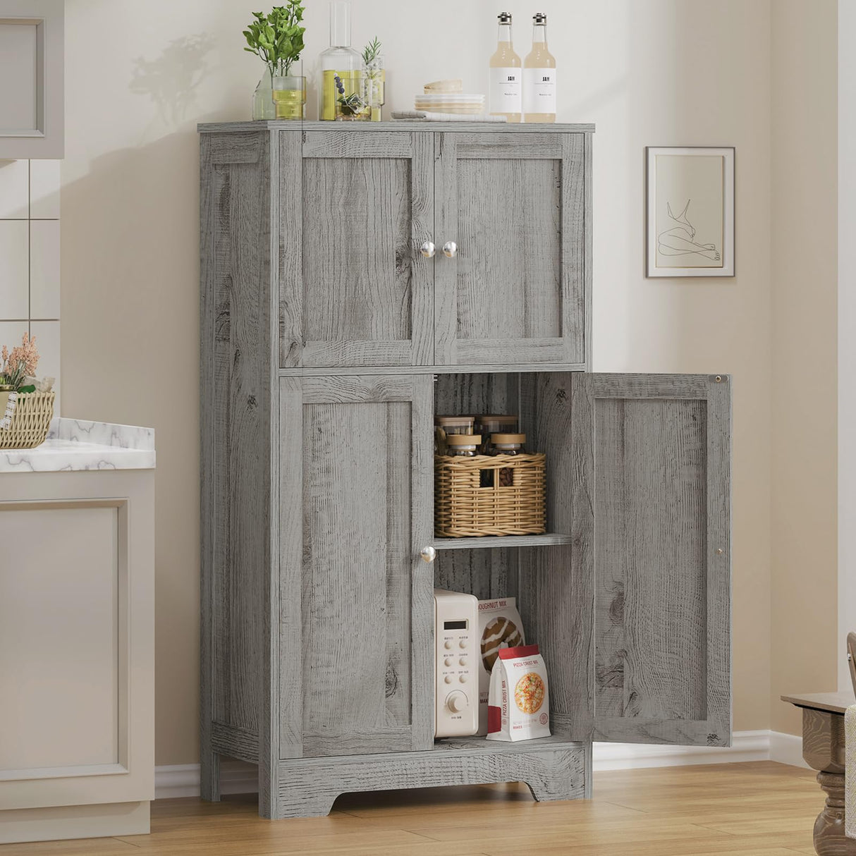 TEENFON Bathroom Floor Storage Cabinet, Freestanding Bathroom Storage Unit with 2 Adjustable Shelves & 4 Doors, 11.8 x 23.6 x 42.7 Inches, Grey TEENFON