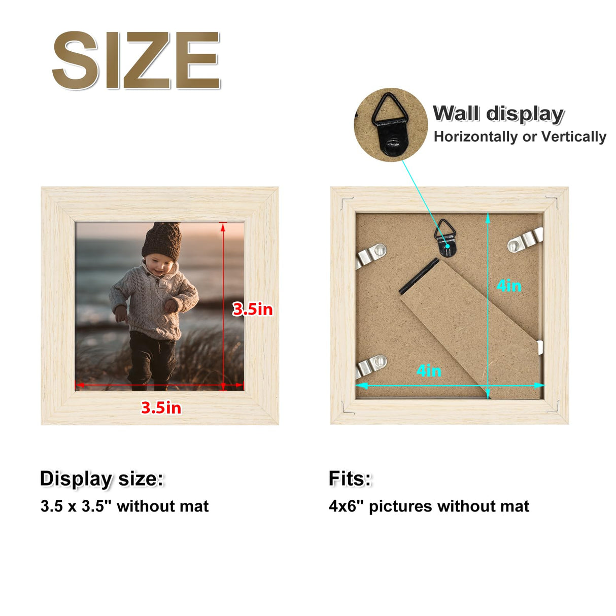 KINLINK 4x4 Picture Frames Natural Wood Frames with Acrylic Plexiglass, Tabletop and Wall Mounting Display Square Frame, Set of 4 KINLINK