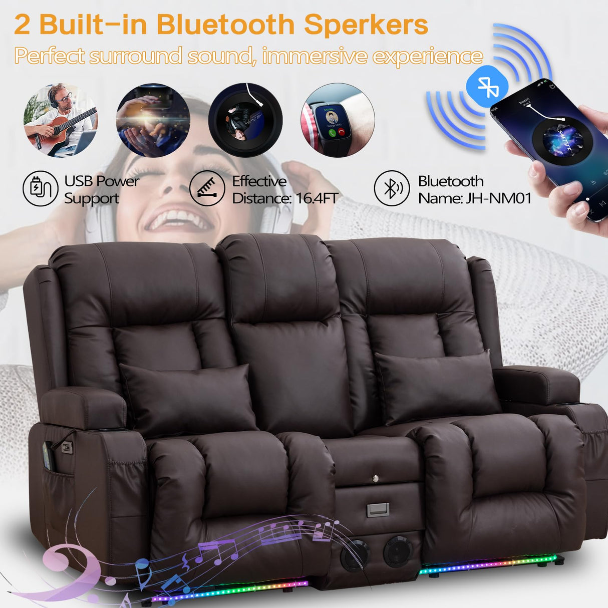 IPKIG Power Loveseat Recliner - 67" Reclining Loveseat 2-Seater Recliner Sofa with Console, 4 Colors LED Strip, AC Outlets, USB-A/C Ports and Cup Holders for Living Room Home Theater (Brown, 2-Seater) IPKIG