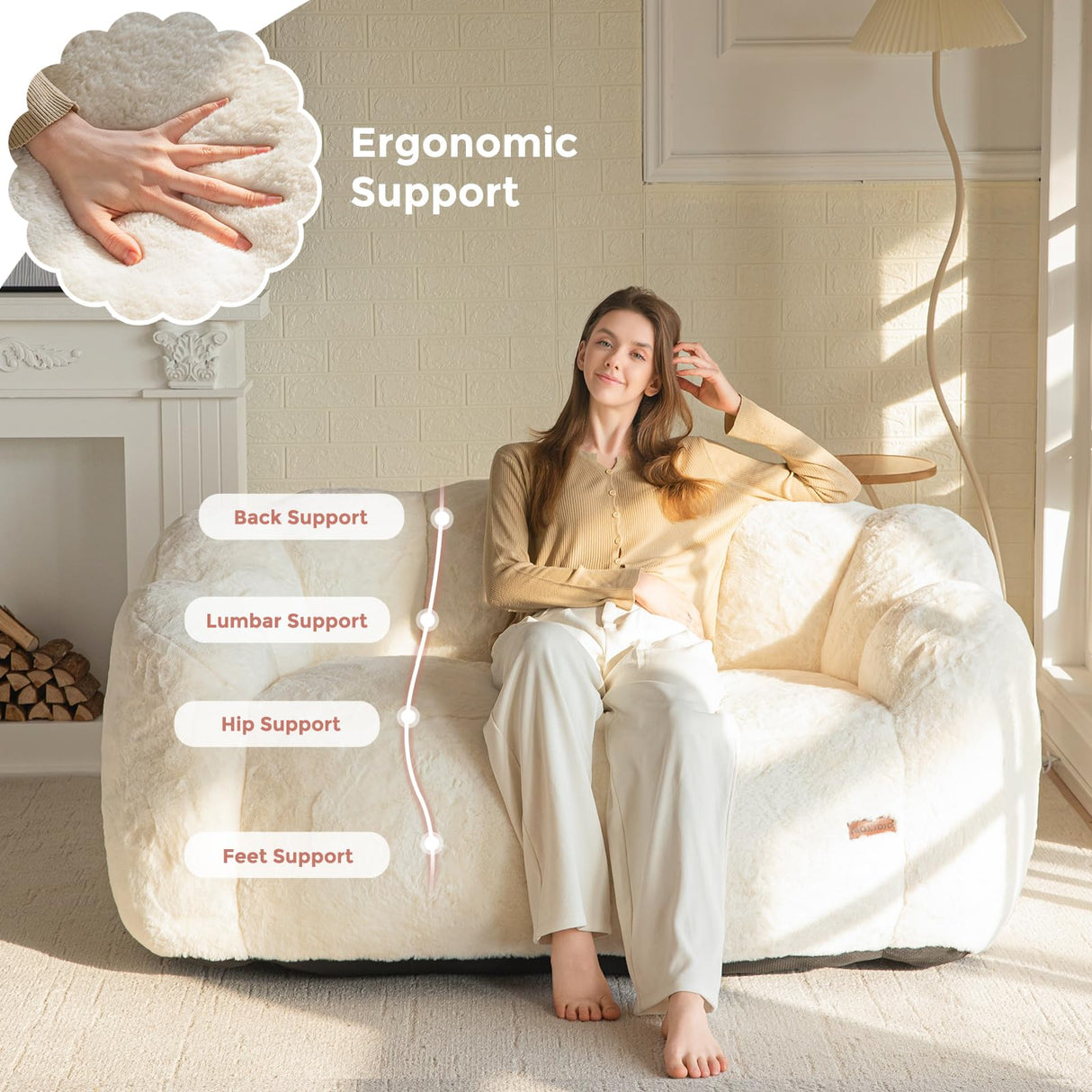 MAXYOYO Bean Bag Chair for Adults, Loveseat Floral Shaped Bean Bag Sofa, Ultra Soft Love Seat Mini Sofa Couch, Faux Fur Reading Chair for Living Room Bedroom, Beige MAXYOYO