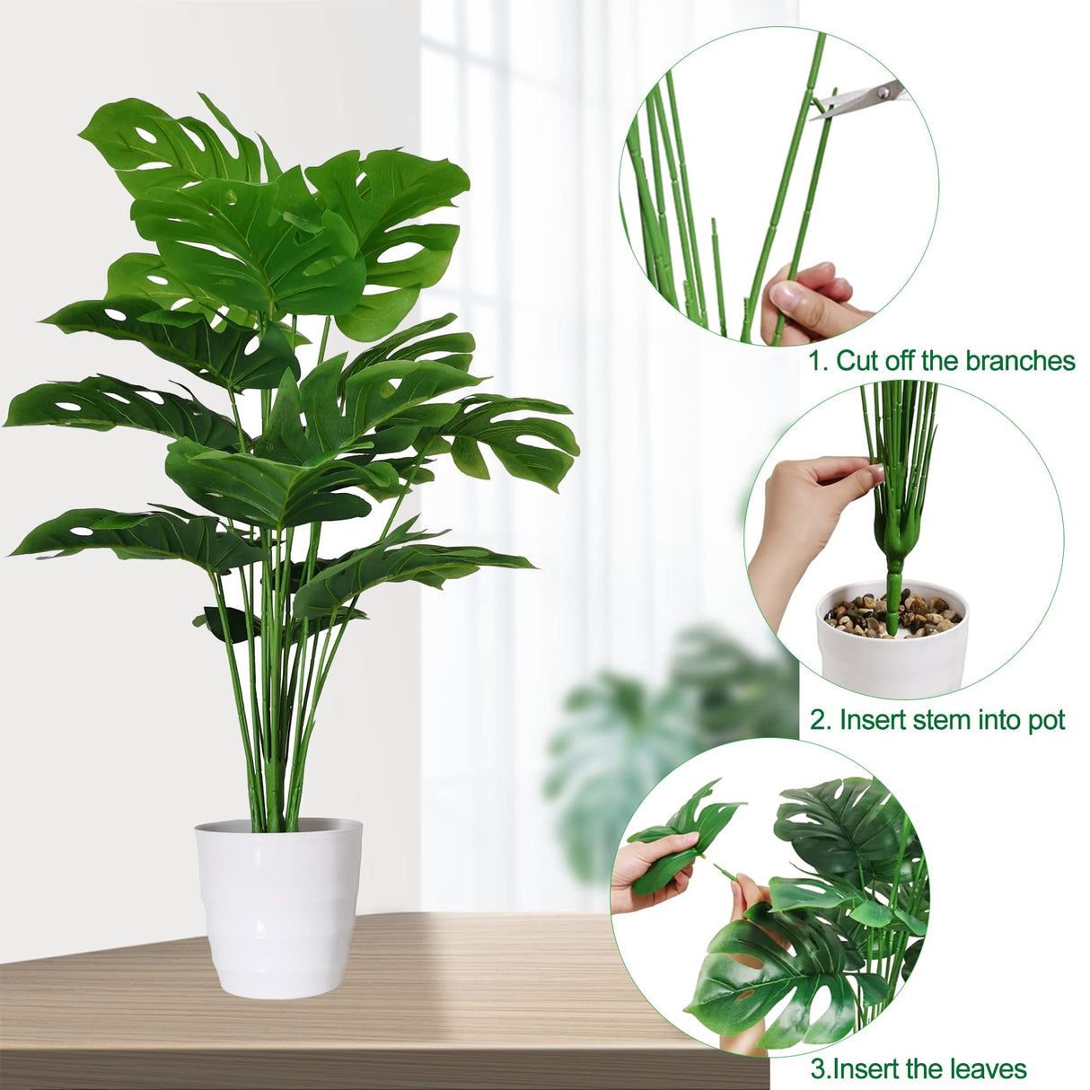 SAJANDAS Set of 2 Artificial Monstera Deliciosa Plants in Pots, Fake Tropical Palm Tree with Greenery Leaves Stems, 28 Inch Artificial Cheese Plant for Home Bathroom, Office, Windowsill Decor SAJANDAS