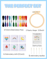 Pllieay Cross Stitch Beginner Kit for Kids 7-13, Includes 6pcs Project Cross Stitch Pattern and 2pcs Hoops, 12 Skeins, Needle Point Starter Kit Sewing Set with Instructions for Christmas Gift Pllieay