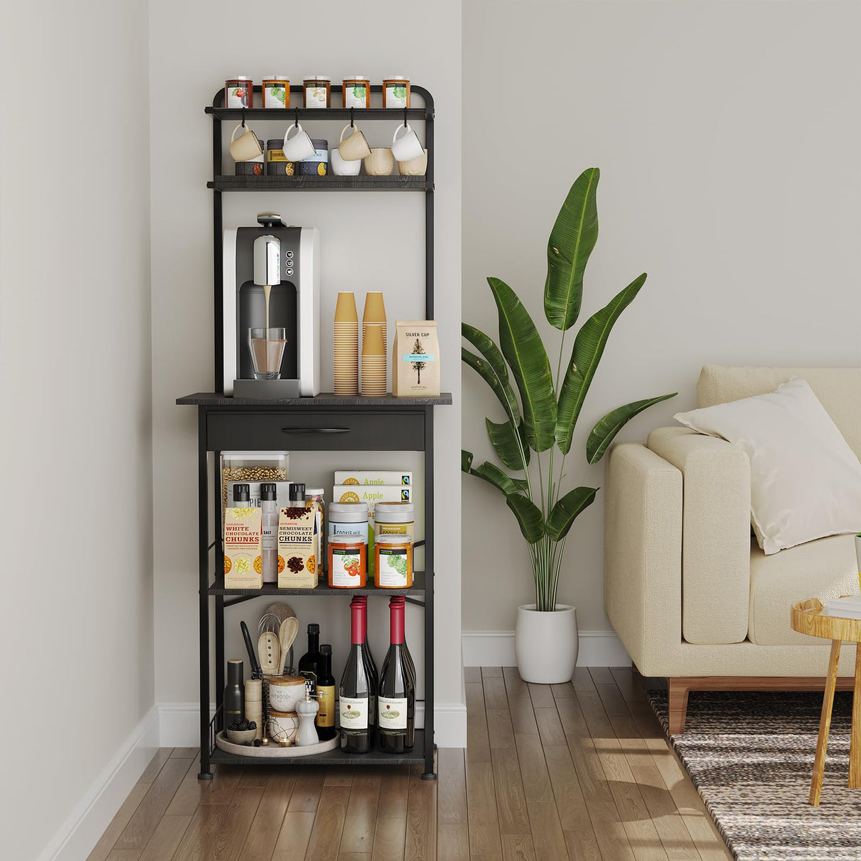 Homsorout Coffee Bar Station - Bakers Rack with Fabric Drawer, Microwave Oven Storage Stand, Bakers Rack for Coffee Stand Station, Home Kitchen Organizer, Black Homsorout