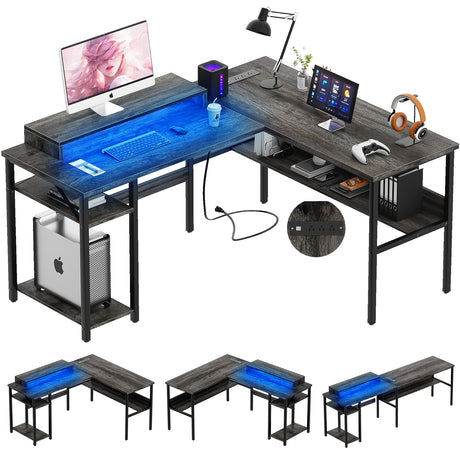 Unikito Reversible L Shaped Desk with Power Outlets and RGB LED Light, Sturdy Computer Desk with Ergonomic Monitor Stand and Storage Shelves, Corner Desk for Home Office, Easy Assembly, Black Oak Unikito