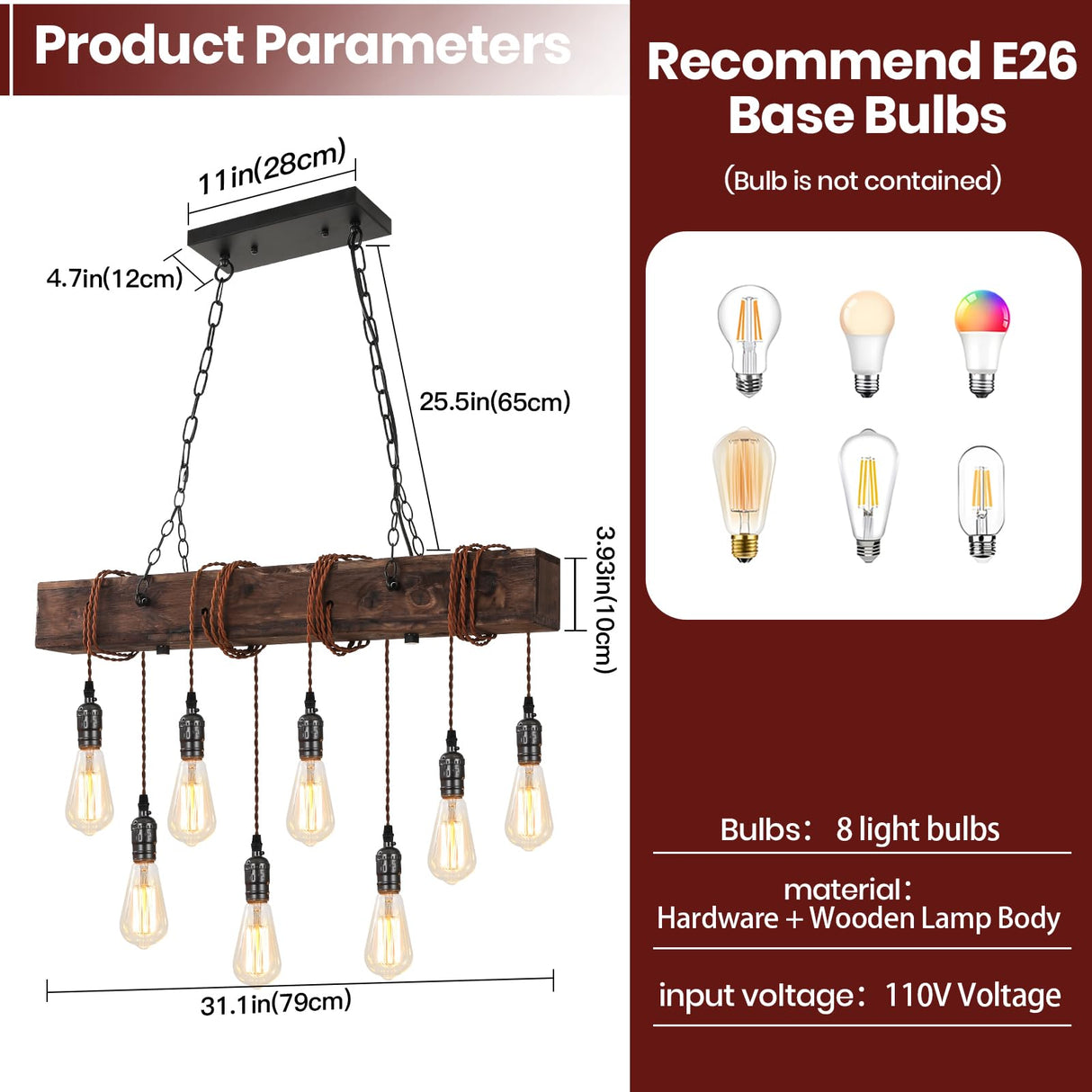 SEEBLEN 8-Lights Farmhouse Kitchen Island Pendant Light, Rustic Wood Chandeliers for Dining Room,Height Adjustable Island Light,Dining Room Bar Restaurant Cafe Pool Table. SEEBLEN