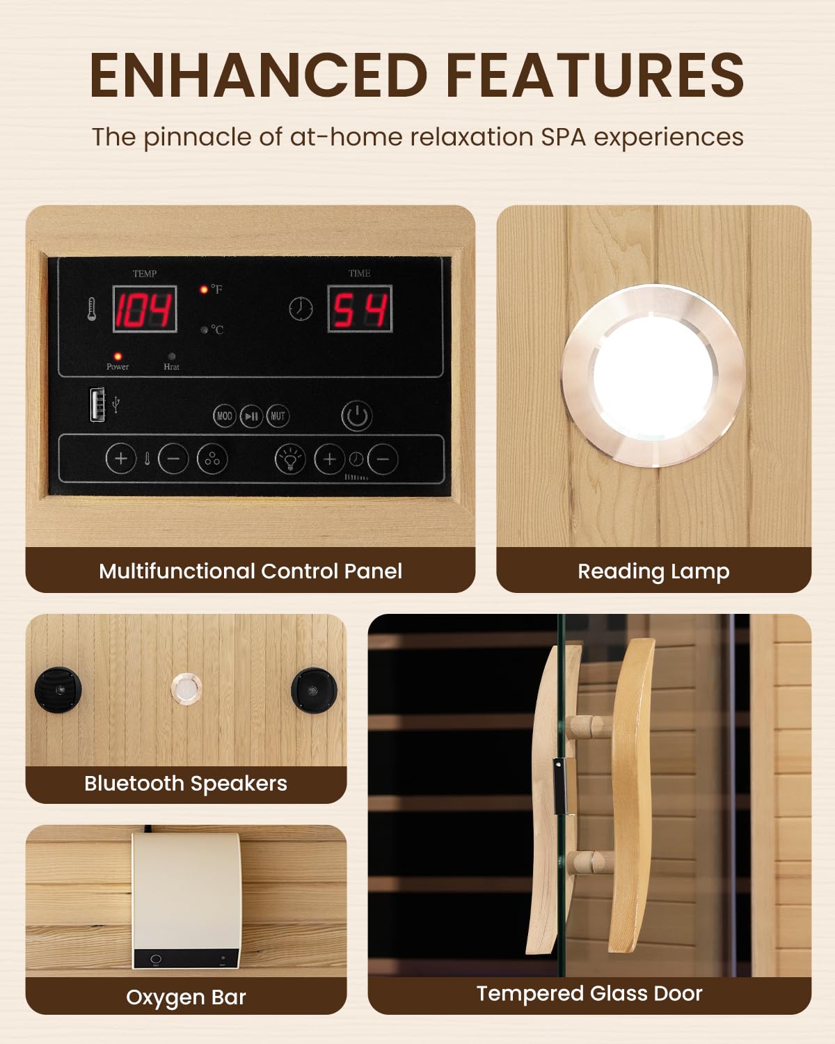 SpaZeit 2 Person Far Infrared Sauna for Home Spa, 1900W Low EMF Wooden Dry Sauna Room with Bluetooth Speakers, LCD Control Panel, Tempered Glass Door, 7 Colors Lighting, 74.76"x48.84"x40.56"