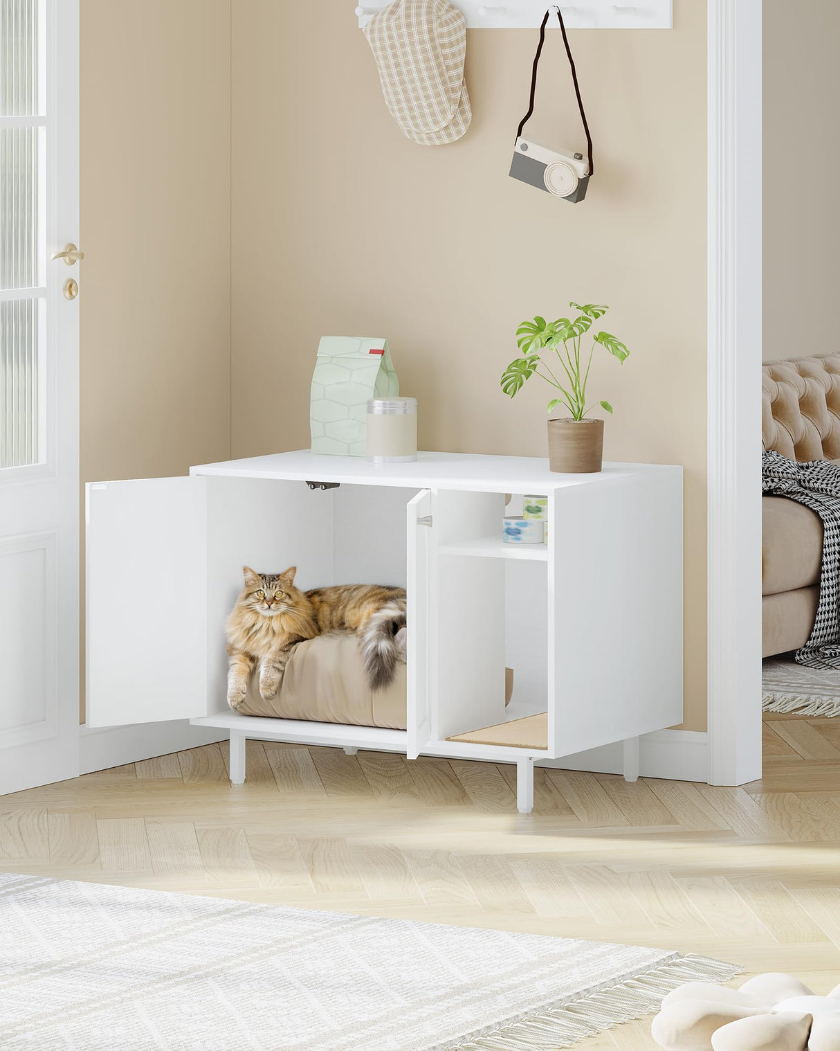 Hzuaneri Cat Litter Box Enclosure Enclosed, Hidden Litter Box Cabinet Furniture with Storage, Wooden Indoor Cat House Large, Modern End Table for Living Room Entryway, White CB01513W Hzuaneri