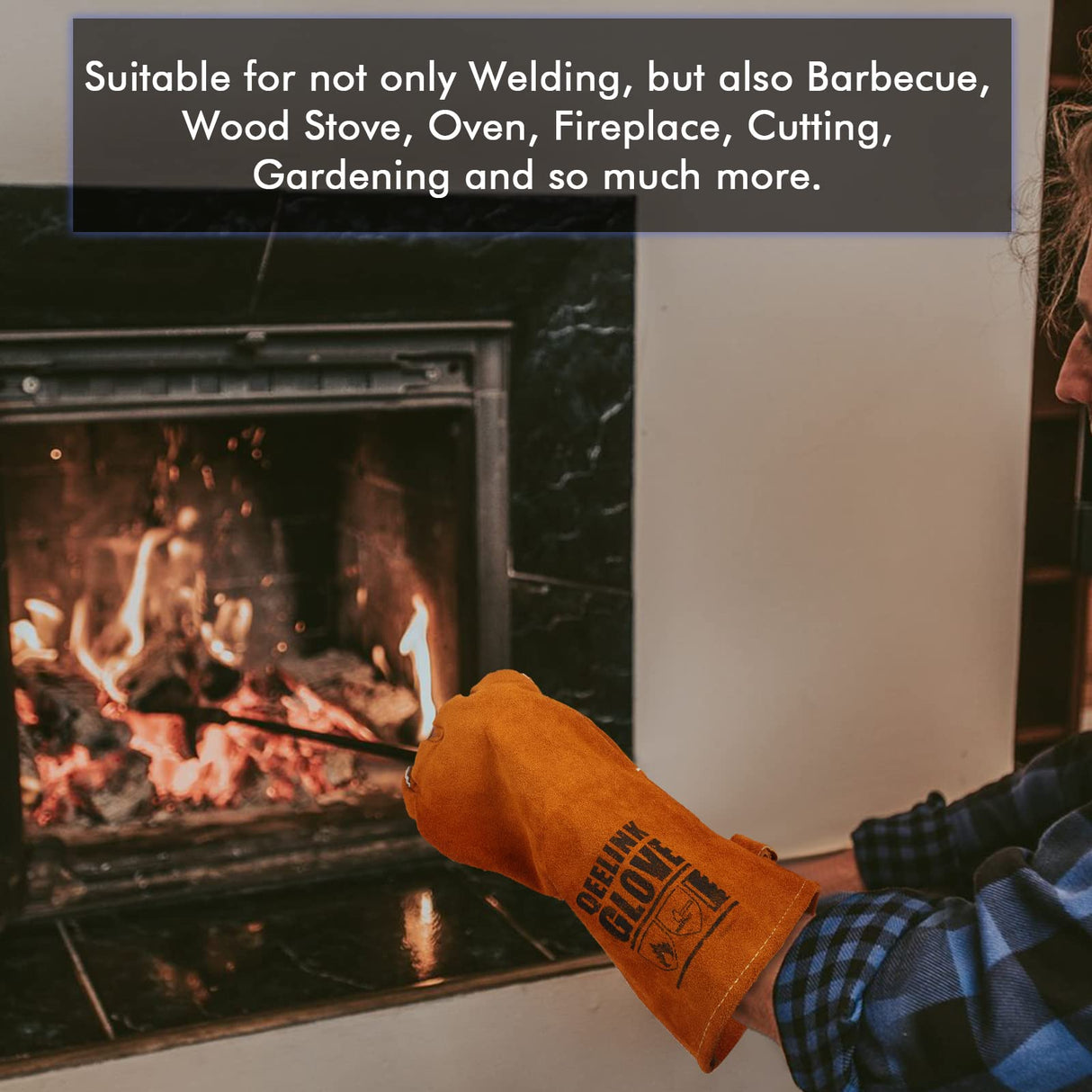 QeeLink Welding Gloves - Heat/Fire Resistant Lined Leather and Fireproof Stitching-Fireplace/BBQ/Gardening for Men or Women (14-inch, Brown) QeeLink