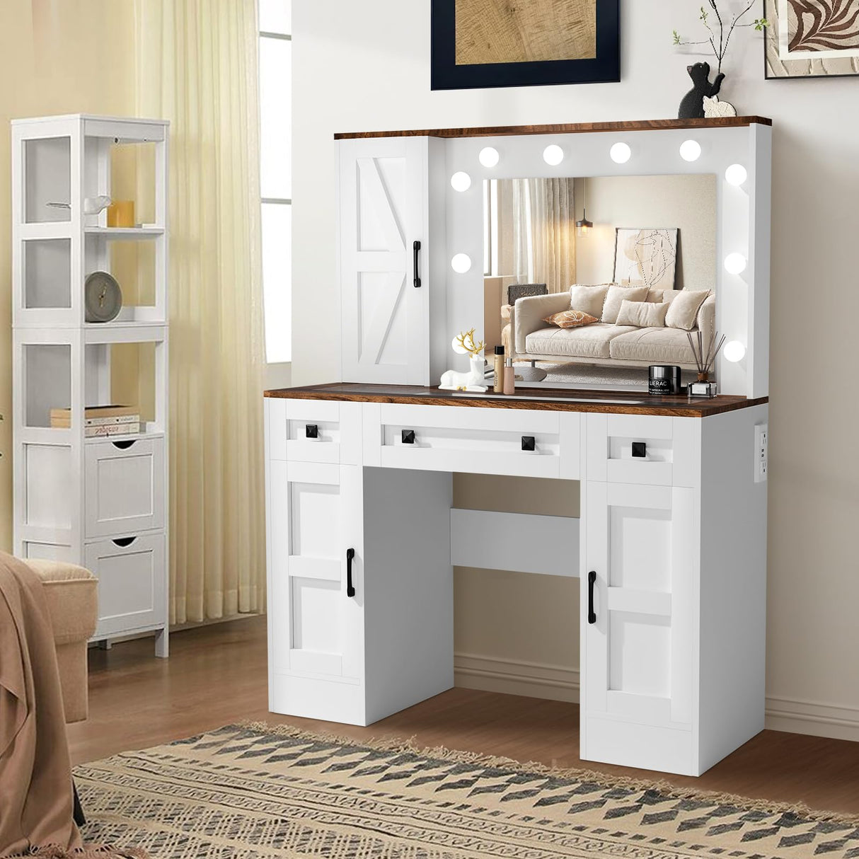 CUOZOVA Farmhouse Vanity Desk with Mirror and Lights, Glass Tabletop Vanity with Charging Station，Vanity Table with 3 Drawers & 3 Cabinets, White Rustic Makeup Vanity for Bedroom CUOZOVA