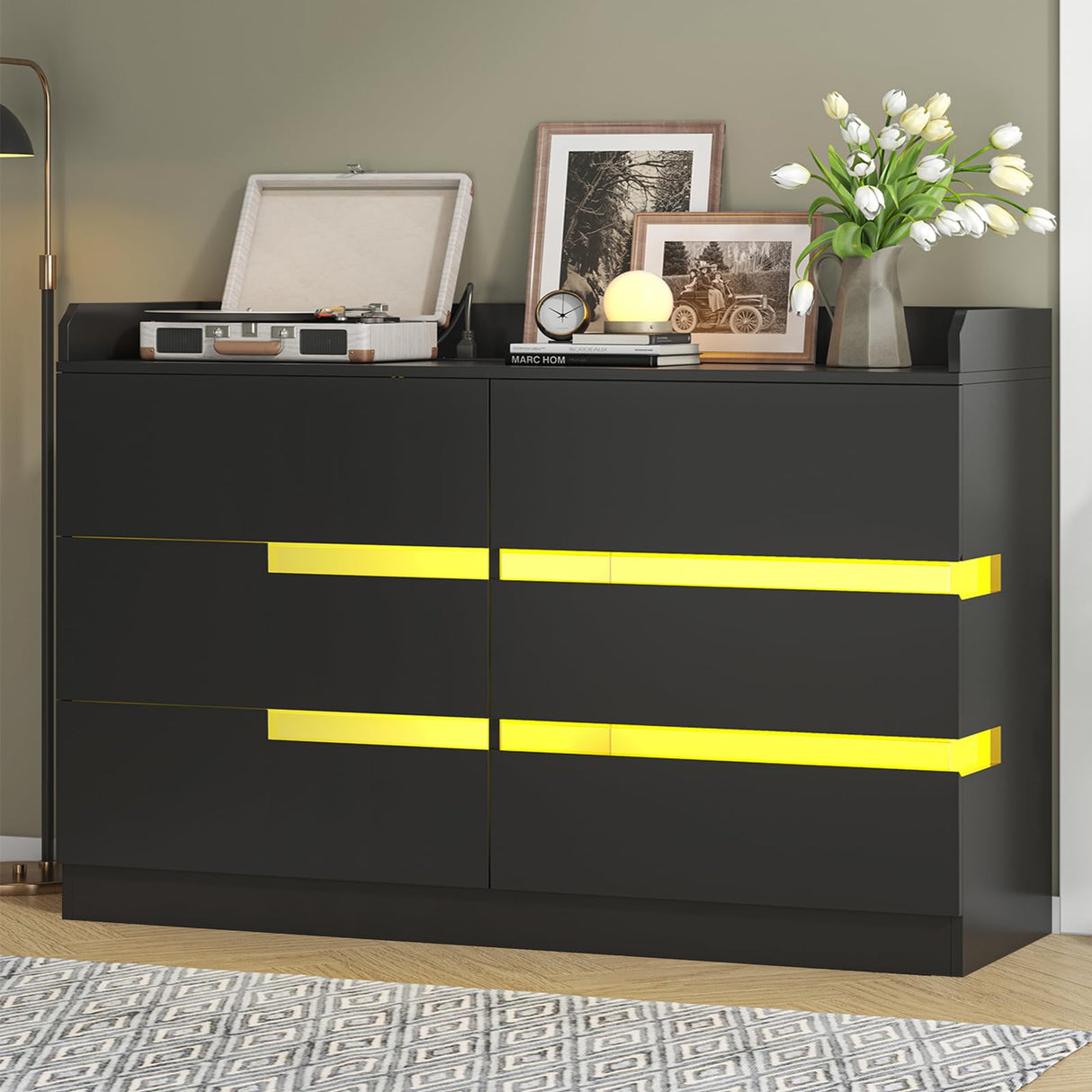 Frmobepts 6 Drawer Dresser with Charging Station and LED Light, Modern Wide Chest of Drawers for Bedroom or Living Room, 47.2" D x 15.7" W x 33.5" H, Black Frmobepts