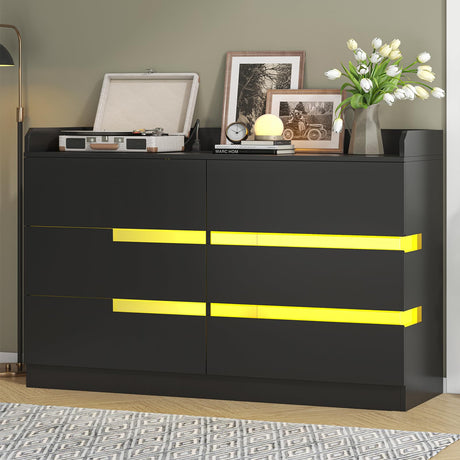 Frmobepts 6 Drawer Dresser with Charging Station and LED Light, Modern Wide Chest of Drawers for Bedroom or Living Room, 47.2" D x 15.7" W x 33.5" H, Black Frmobepts