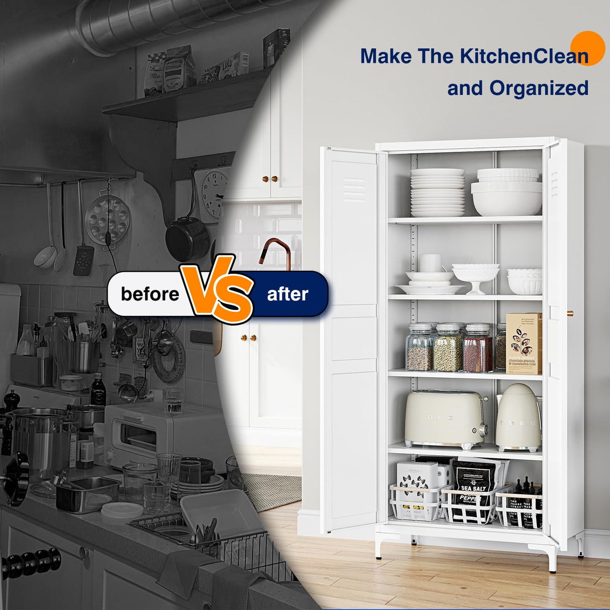 Yizosh Metal Storage Cabinet with 2 Doors and 4 Adjustable Shelves - 61" White Locking Pantry Storage Cabinet, 5-Tier Tall Steel Cabinet Locker for Home Office, Living Room, Dinning Room Yizosh