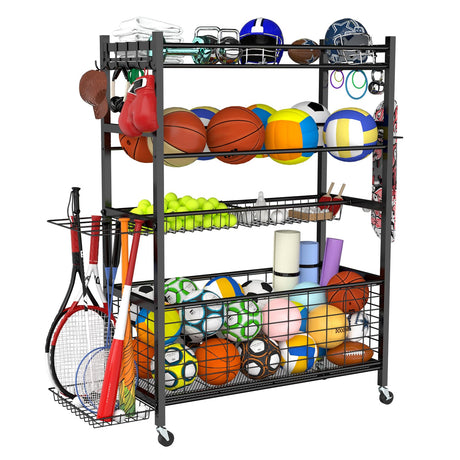 GRILL FORCE 4-Layer Garage Sports Equipment Organizer & Ball Storage Rack - Heavy Duty Rolling Ball Cart with Lockable Wheels, Basketball Racks, Bins & Hooks for Indoor/Outdoor Sports Gear&Toy Storage GRILL FORCE