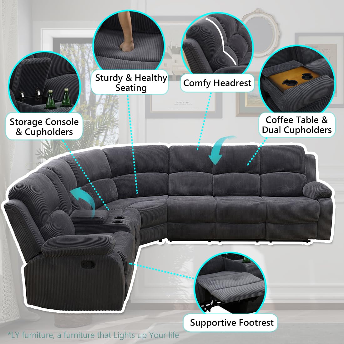 Anthato Manual Reclining Sectional Sofa Set, Living Room Furniture Sets, L-Shaped Sectional Couch & Chair, Comfy 7-Seat Corduroy Fabric Recliner Couch with Coffee Table/Cup Holders for Office, Grey Anthato