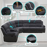 Anthato Manual Reclining Sectional Sofa Set, Living Room Furniture Sets, L-Shaped Sectional Couch & Chair, Comfy 7-Seat Corduroy Fabric Recliner Couch with Coffee Table/Cup Holders for Office, Grey Anthato
