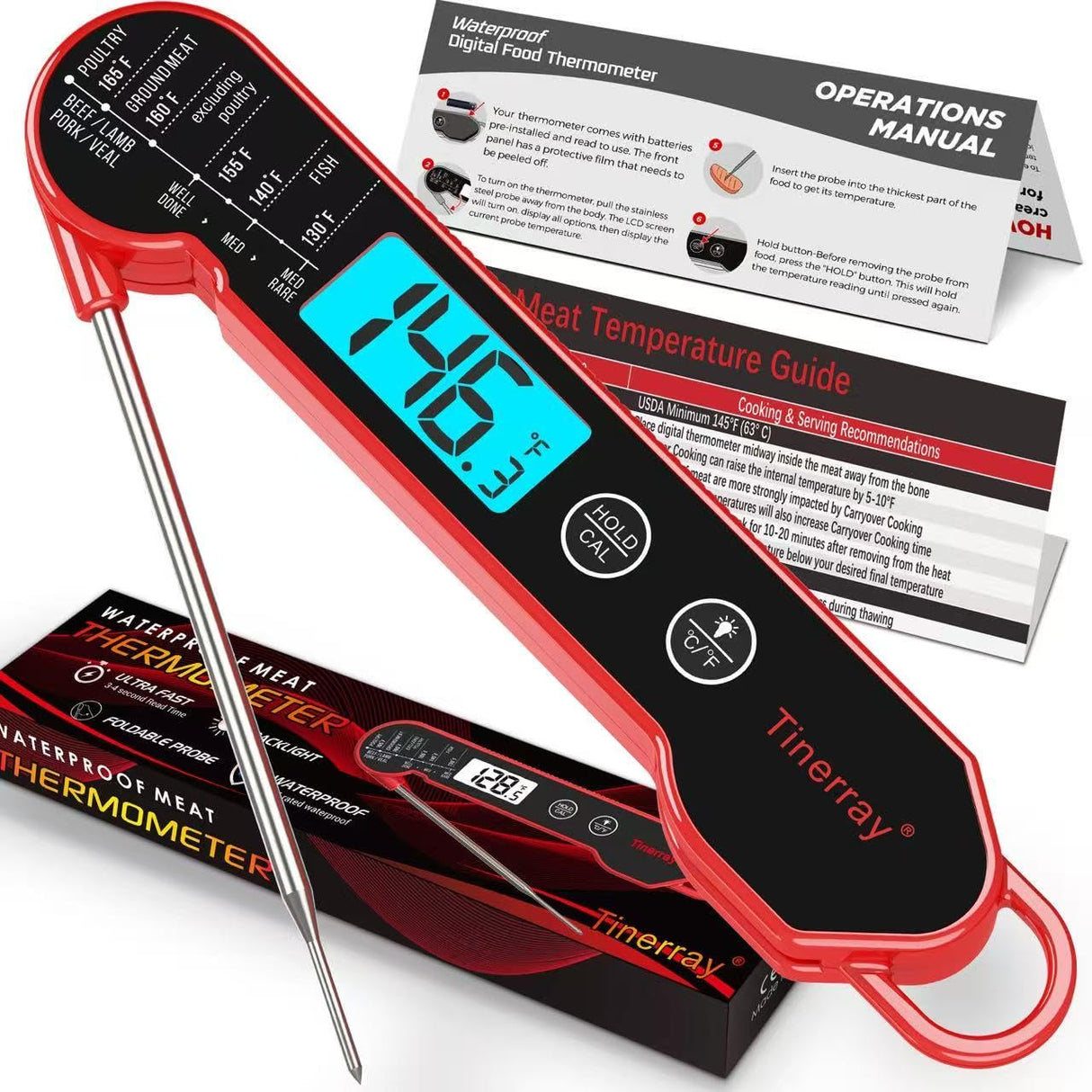 Digital Meat Thermometer for Cooking – Waterproof Instant Read Food Thermometer with Backlight & Calibration, Fast Read, Folding Probe for BBQ, Grill, Candy, Deep Fry, Kitchen, Liquids, Beef（Red） Tinerray