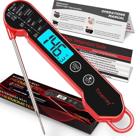 Digital Meat Thermometer for Cooking – Waterproof Instant Read Food Thermometer with Backlight & Calibration, Fast Read, Folding Probe for BBQ, Grill, Candy, Deep Fry, Kitchen, Liquids, Beef（Red） Tinerray