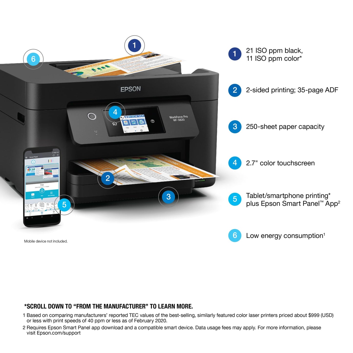 Epson WorkForce Pro WF-3820 Wireless All-in-One Printer with Auto 2-sided Printing, 35-page ADF, 250-sheet Paper Tray and 2.7" Color Touchscreen, Works with Alexa