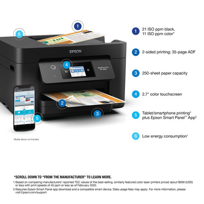 Epson WorkForce Pro WF-3820 Wireless All-in-One Printer with Auto 2-sided Printing, 35-page ADF, 250-sheet Paper Tray and 2.7" Color Touchscreen, Works with Alexa