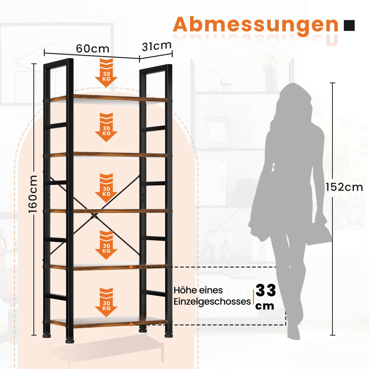 Sweetcrispy Book Shelf, 5 Tier Bookcase, Modern Tall Bookshelf Corner Storage Organizer for Garage Kit, CDs, Movies Suitable Home Office Bedroom, Kitchen, Living Room - Brown Sweetcrispy