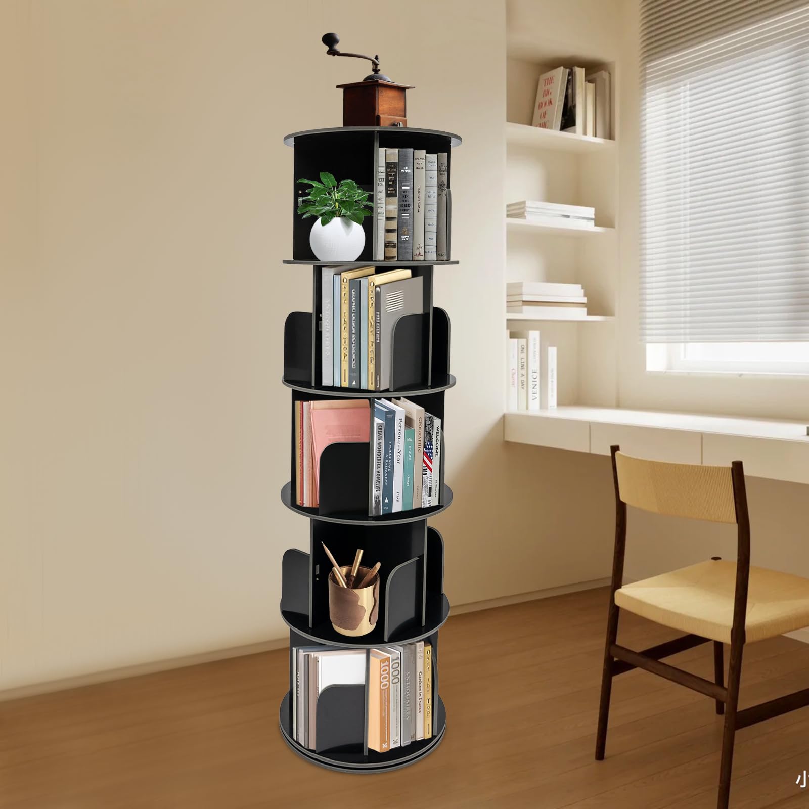 Lemoeyes 360° Rotating Corner Bookshelf - 5-Tier Spinning Bookcase for Home and Office - WoodArtSupply