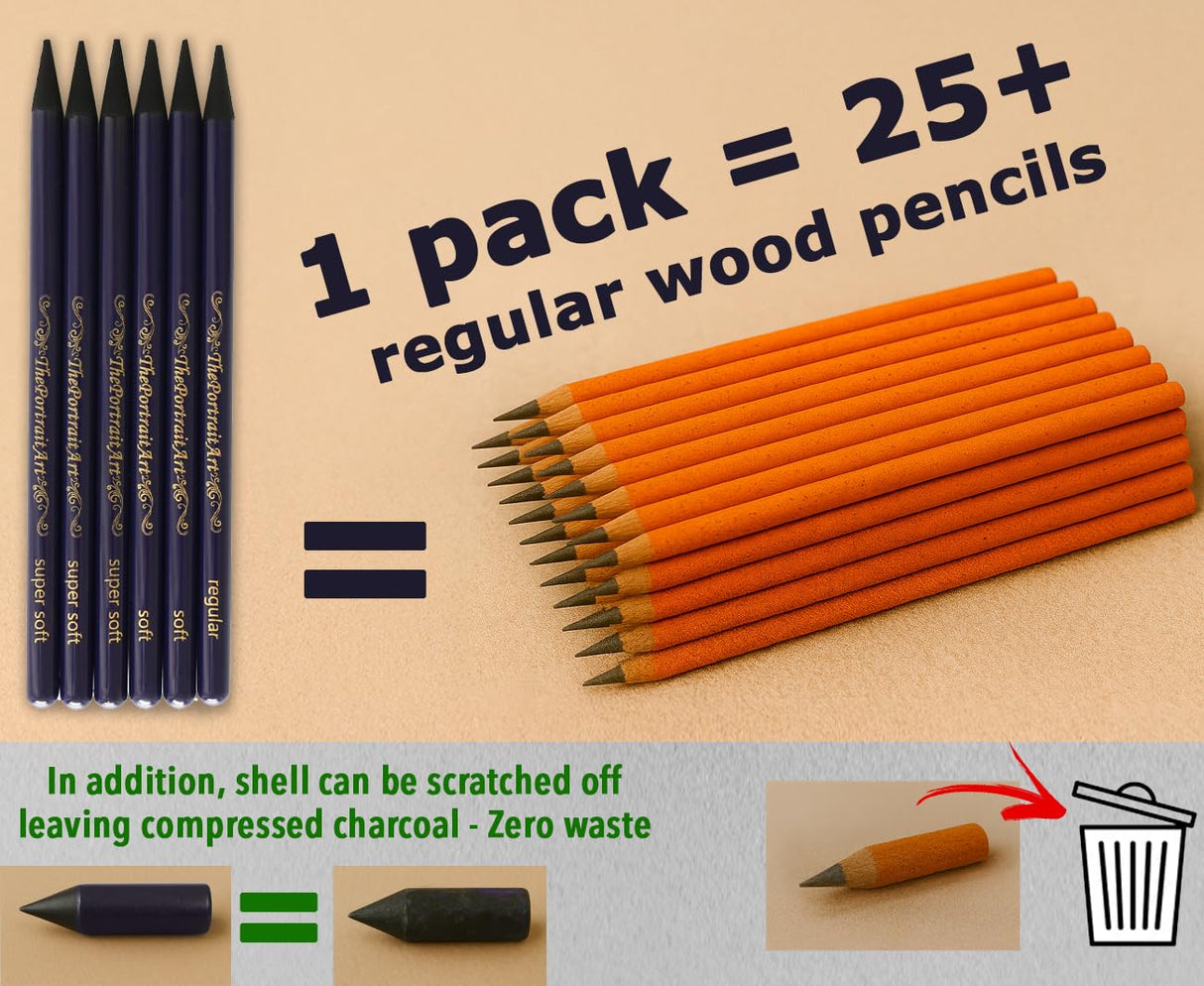 ThePortraitArt Artist Woodless Pure Charcoal Pencils - Ultra Soft and Dark – 6pc Set Equivalent to 28+ Regular Pencils – Smooth Consistency on All Drawing Papers ThePortraitArt