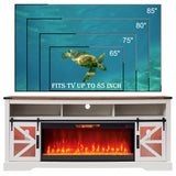 OKD Fireplace TV Stand for 85" TV, 33" Tall Highboy Farmhouse Entertainment Center w/ 42'' Electric Fireplace & LED Light, Rustic Media Console w/Sliding Barn Door for Living Room, Antique White OKD