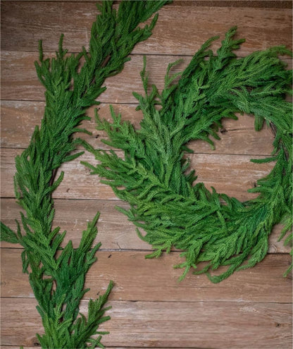 ENVEN Real Touch Norfolk Pine Christmas Garland and Wreath Set, 24IN Green Wreath and Christmas Garland Artificial Faux Greenery Norfolk Pine for Holiday Indoor Mantle Decor (6FT - 24IN)