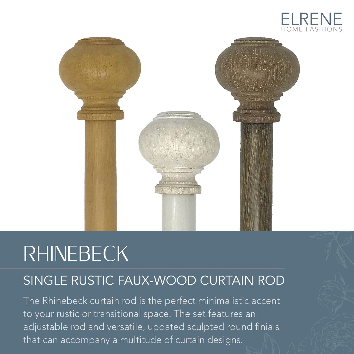 Elrene Home Fashions Rhinebeck Single Faux-Wood Curtain Rod, For Curtains and Drapery with Rustic Cap Finials, 1-Inch Diameter, 48"-86" Adjustable Rod, Antique Walnut Elrene