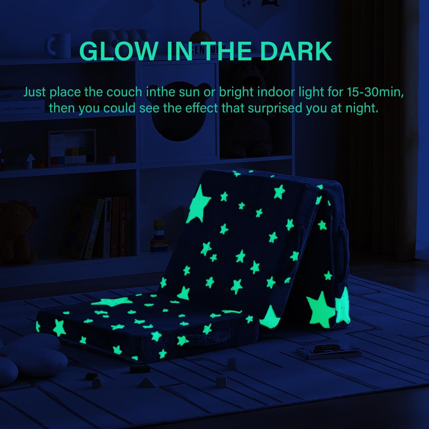 Givjoy Foldable Floor Mattress for Kids, Glow in The Dark Toddler Washable Tri Folding Floor Nap Mat for Sleeping Daycare, Child Trifold Futon Sofa Bed with Storage Bag for Girls and Boys