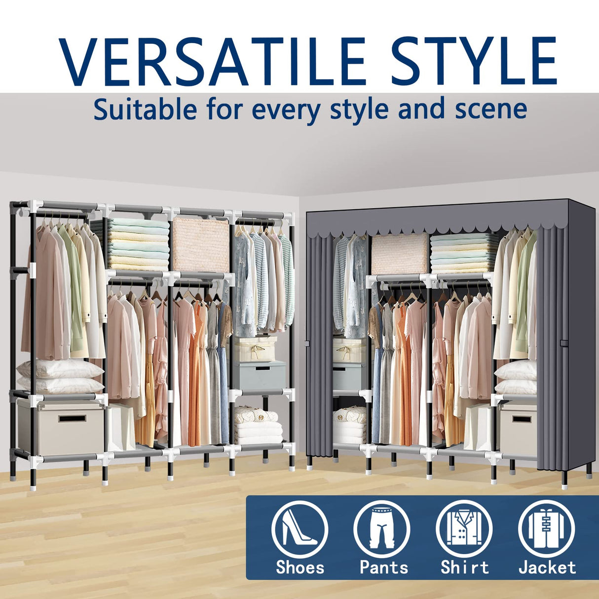 LOKEME Portable Closet, 67 Inch Wardrobe Closet for Hanging Clothes with 4 Hanging Rods, 25mm Steel Tube Clothes Storage Organizer for Extra Sturdy, Quick and Easy to Assembly, Gray Cover LOKEME