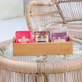 HTB Small Tea Bag Box Wooden, 3 Compartments Acacia Wood Tea Bag Chest with Handle, Mini Countertop Divided Storage Container for Beverage Supplies, Sugar, Sweeteners, Individual Packets HTB